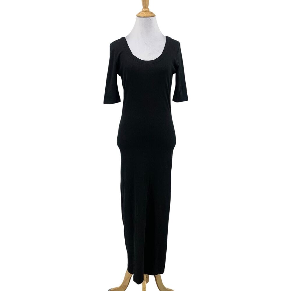 Signature 8 Dress Women M Medium Black Rib 1/2 Sleeve Scoop Stretch Bodycon Maxi